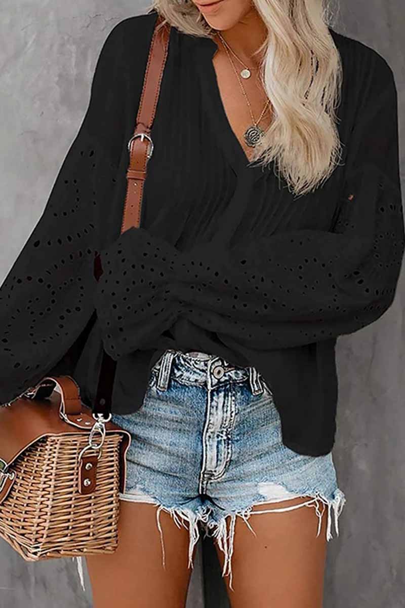 V-Neck Single Breasted Loose Flared Long Sleeves Tops