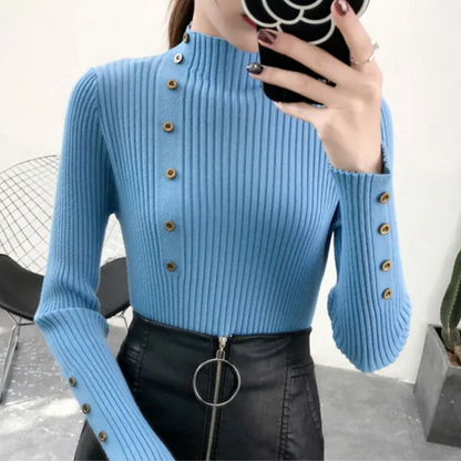Jersey de cuello alto ajustado de punto elástico para mujer con botones | Ideal para otoño/invierno