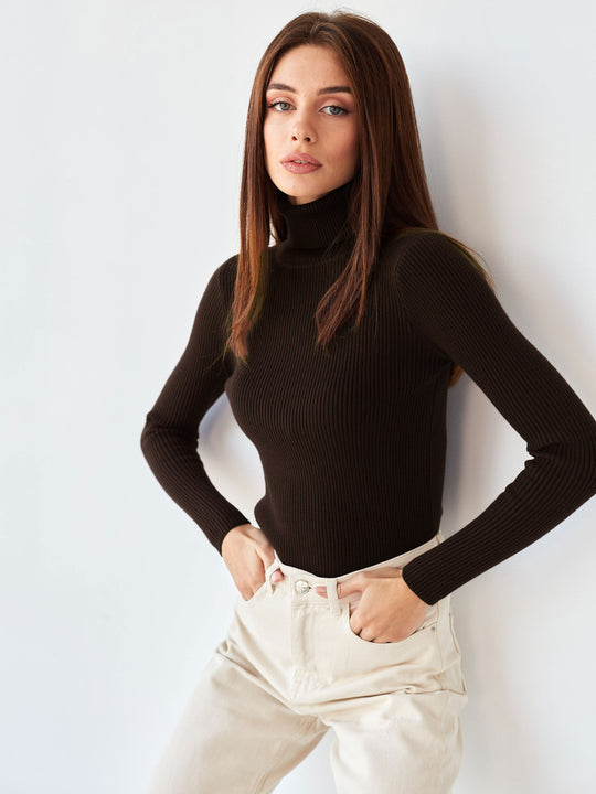 Jersey de punto de cuello alto ajustado para mujer | Ideal para otoño/invierno