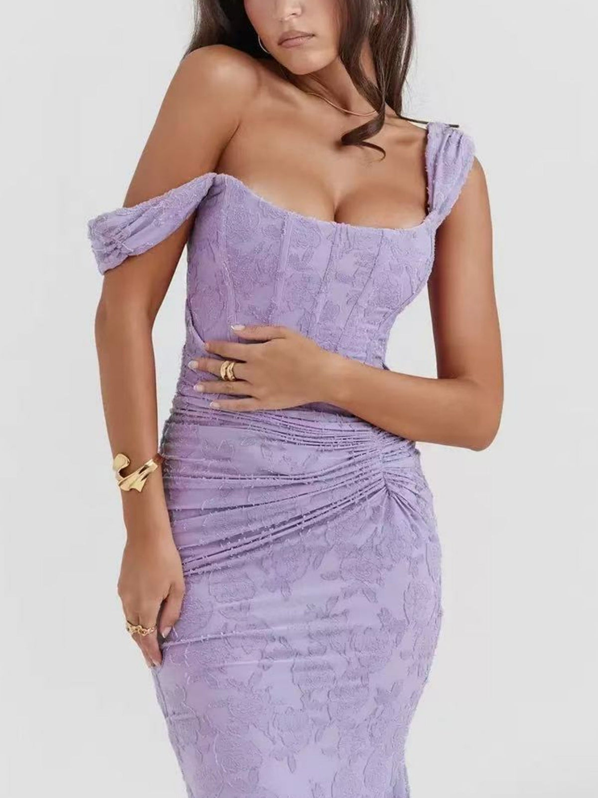 Jacquard Print Pleated Waist Spaghetti Strap Backless Mermaid Tail Maxi Dresses