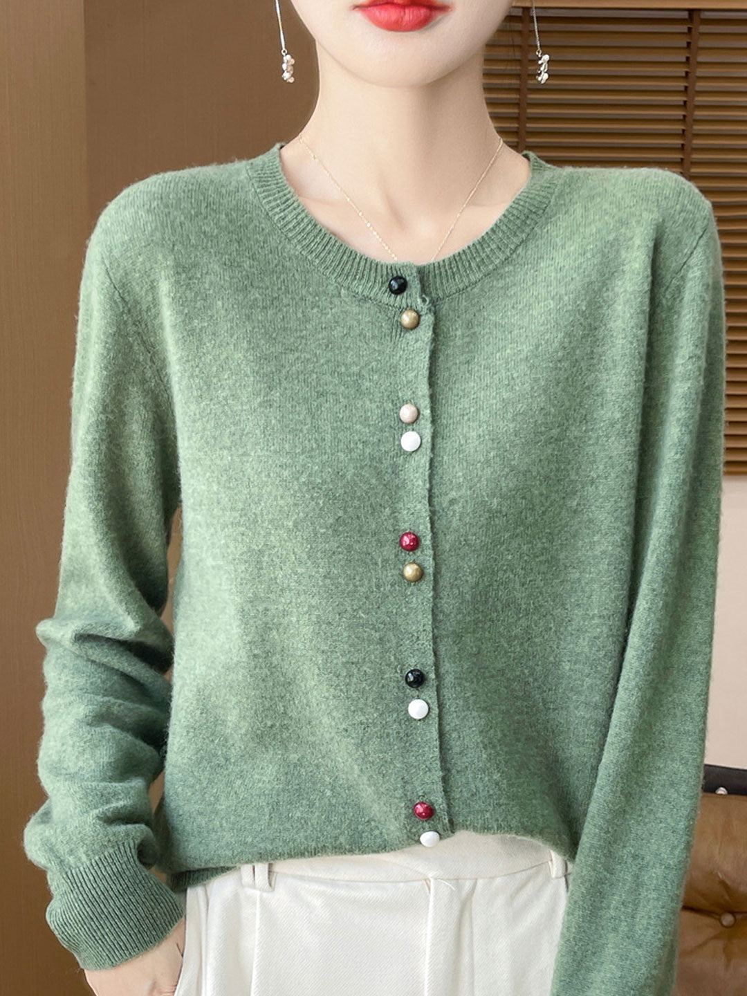 Mya Loose Crew Neck Solid Color Knitted Cardigan-Red