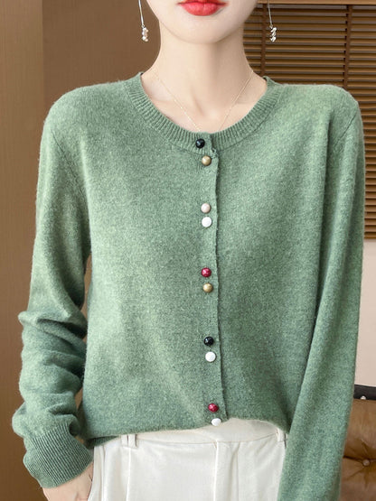 Mya Loose Crew Neck Solid Color Knitted Cardigan-Red