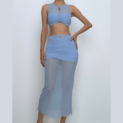 Crewneck sleeveless ruched mesh crop maxi skirt set  | Festival Outfits Women