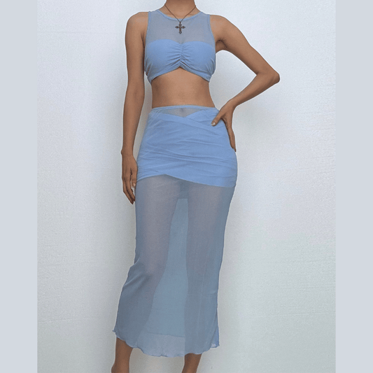 Crewneck sleeveless ruched mesh crop maxi skirt set  | Festival Outfits Women