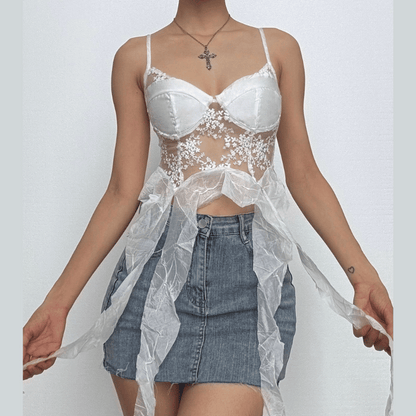 Mesh embroidery ruffle backless cami top  | Festival Outfits Women