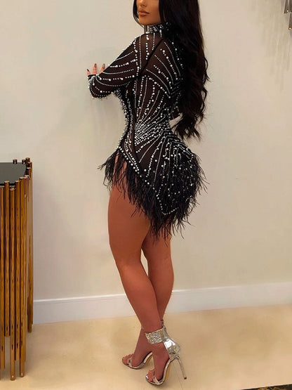 Mesh Rhinestone Mini Dress