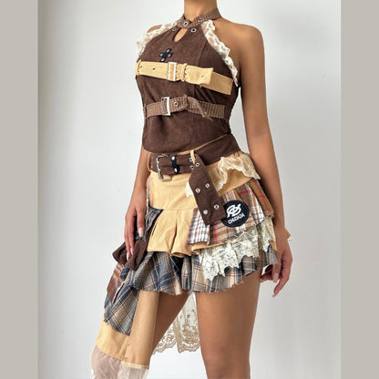 Lace hem buckle hollow out pleated mini skirt set  | Festival Outfits Women