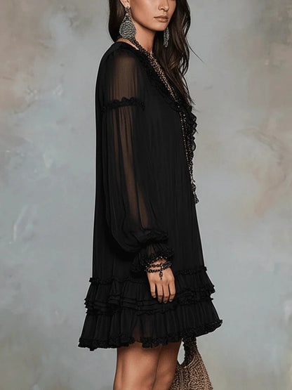 V-neck, Fitted Waist, Ruffled Trim Midi Dresses