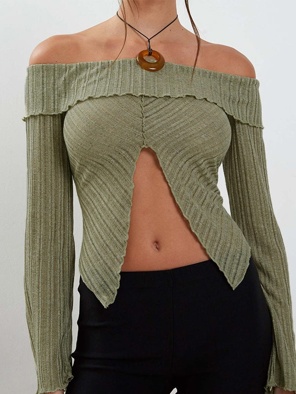 Solid Color Off Shoulder Front Slit Long Sleeve Knit