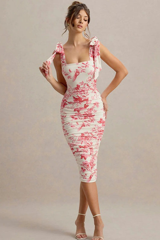 Sweet Floral Tie-Waist Bodycon Floral Dress