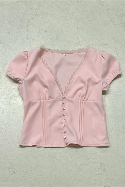Lace Patchwork V Neck Puff Sleeve Blouse