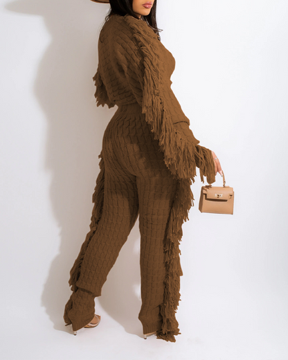 Knitted Long-Sleeved Tassel Suit