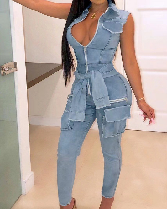 Accordion Pocket Slim Fit Denim Jumpsuit