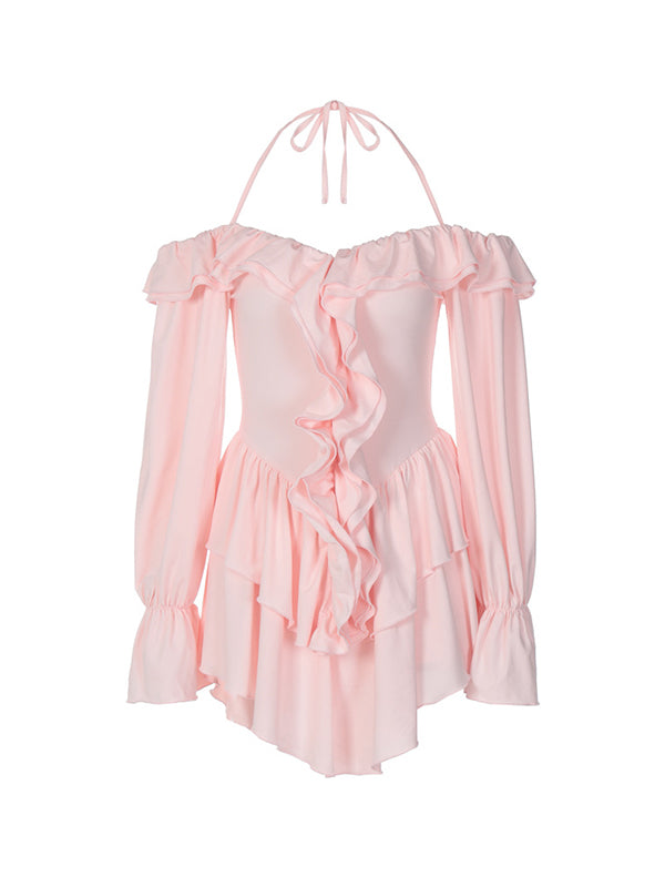 Solid Halter Ruffled Trim Mini Dress