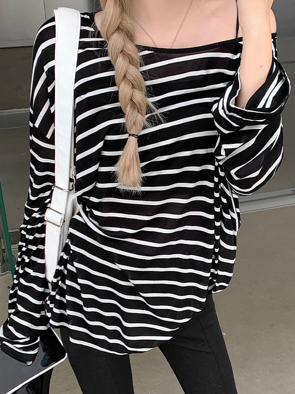 Stripe Backless Lace Up Smock Oversized Long Sleeve Tee