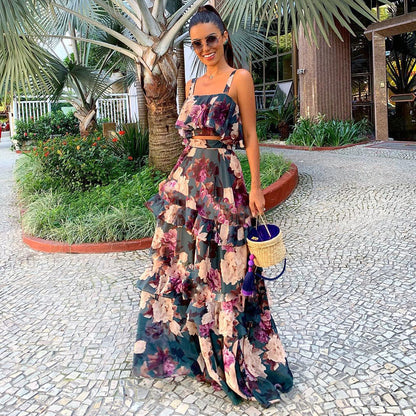 Women Clothing Two Piece Sling Printed Ruffled Large Swing Skirt