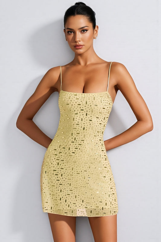 Rowtly Yellow Sheer Square-Neck Mini Dress