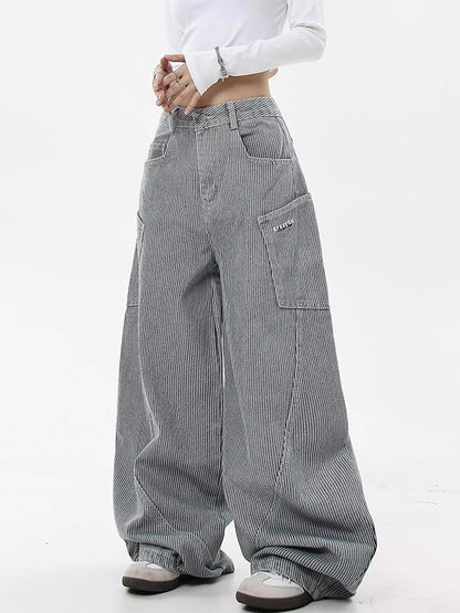 American Retro Striped Scimitar Banana Boyfriend Jeans