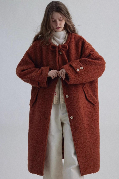 Bow Tie Waist Loose Slim Wool Blend Overcoat