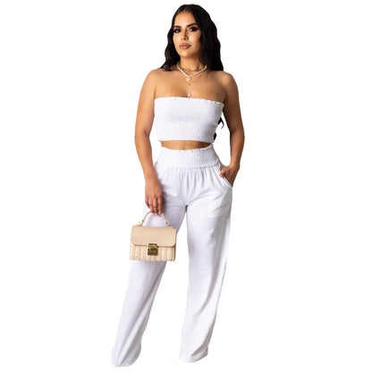 Women Clothing Pleating Sexy Tube Top Two Piece Work Pant Vacation Summer