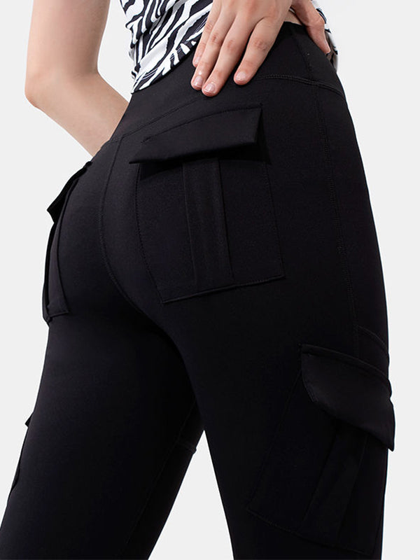 Solid Multi Pocket High Rise Flare Leg Pants