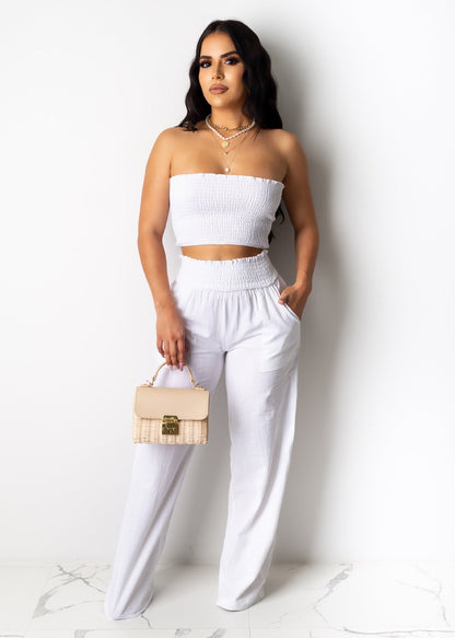 Women Clothing Pleating Sexy Tube Top Two Piece Work Pant Vacation Summer