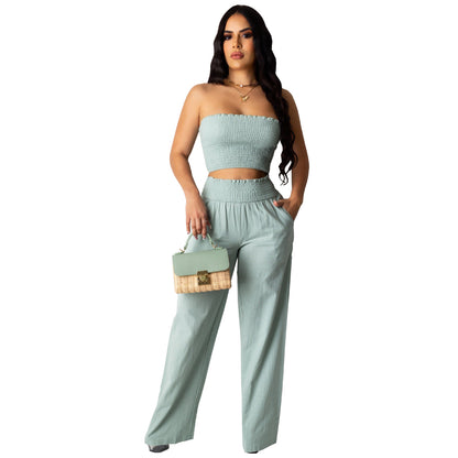 Women Clothing Pleating Sexy Tube Top Two Piece Work Pant Vacation Summer