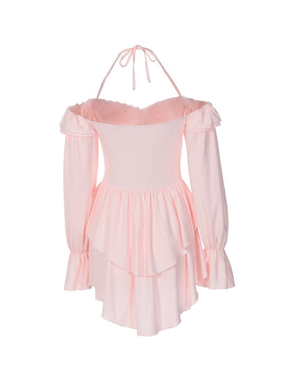 Solid Halter Ruffled Trim Mini Dress