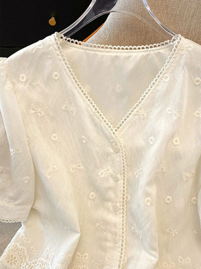 Maya Loose V-Neck Hollowed Lace Top