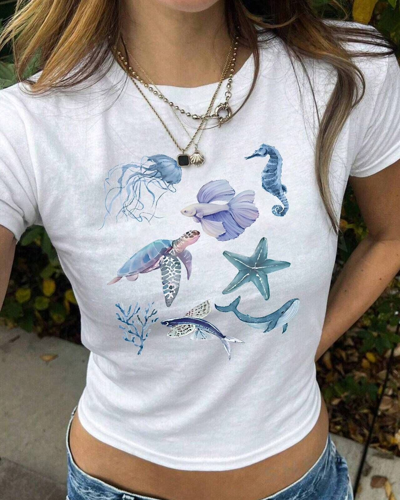Y2K Marine Life Print T-Shirt