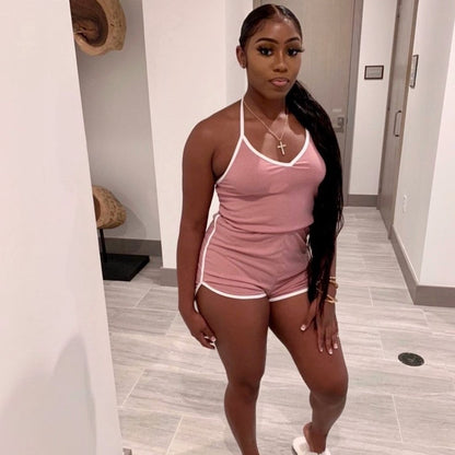 Summer Wear Color-Contrasting Stripe Striped Slim-Fit Lace up Women Home Fitness Romper