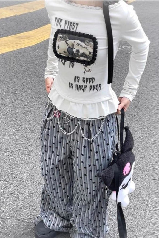 Y2K Grunge Printed Slim Lace Patchwork Long Sleeve T-shirt