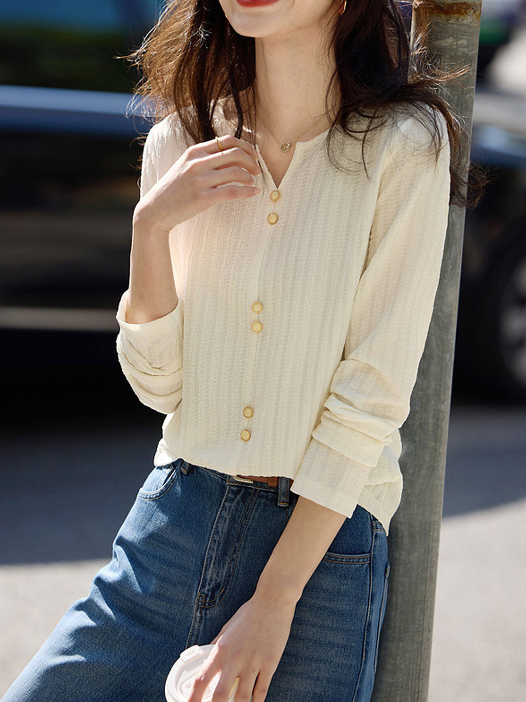 Mariah Elegant Crew Neck Textured Button Top