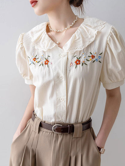 Melanie Retro Doll Collar Embroidered Lace Top