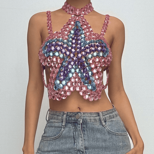 Halter star pattern backless gem chain top  | Festival Outfits Women