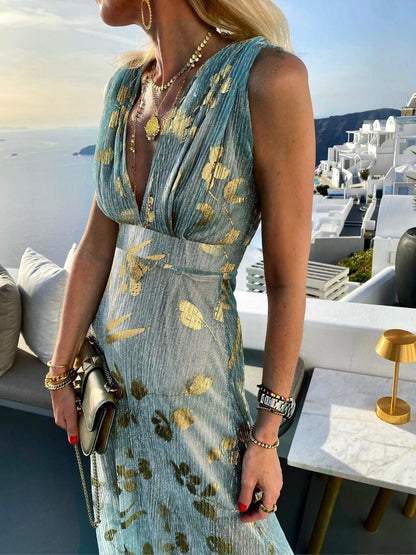 Printed Gathering Hot Stamping V-neck Sexy Maxi Dresses
