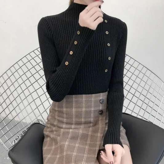 Jersey de cuello alto ajustado de punto elástico para mujer con botones | Ideal para otoño/invierno