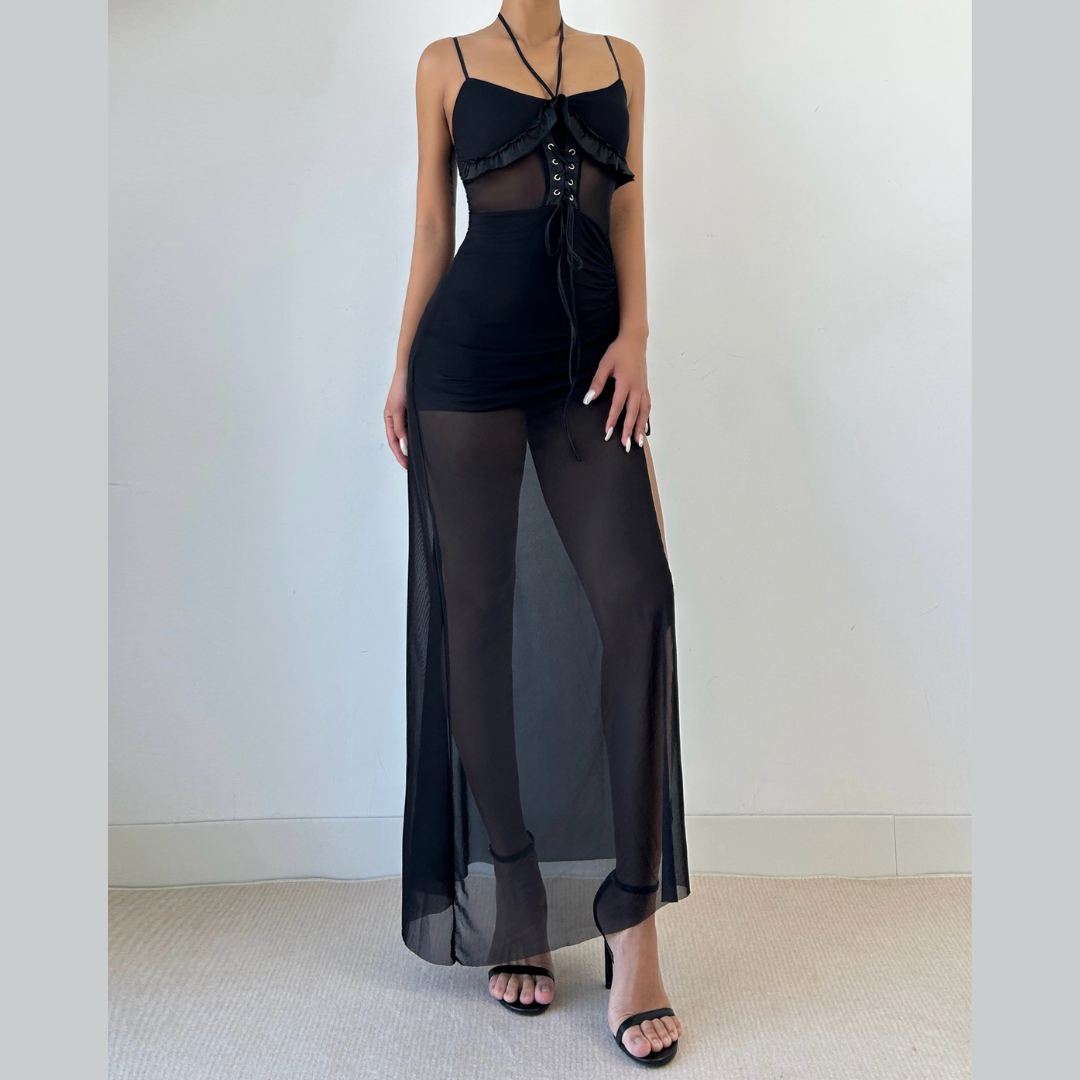 Ruffle halter self tie ruched slit cami maxi dress  | Festival Outfits Women