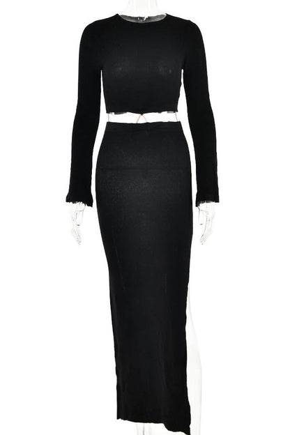 Conjunto de punto con cuello redondo y falda con abertura