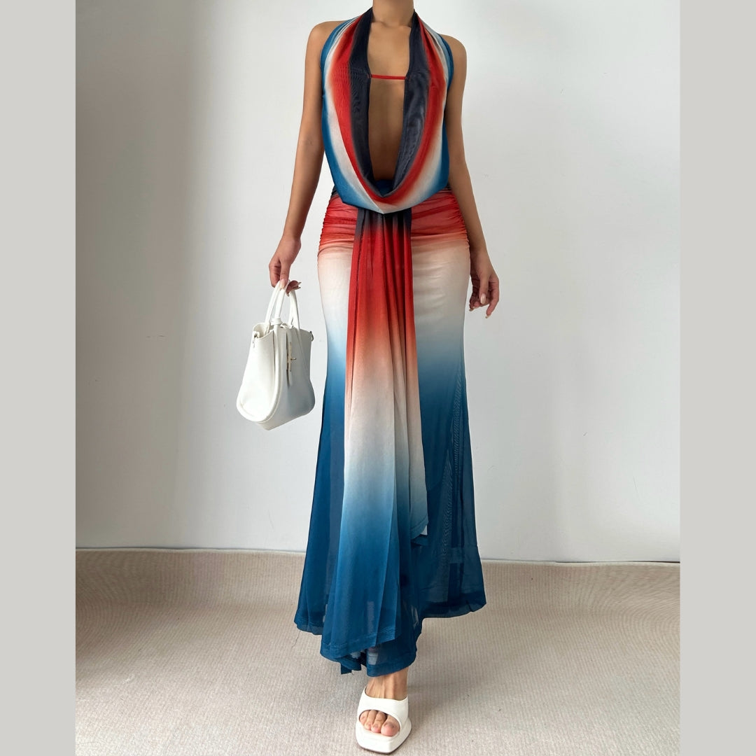 Cowl neck halter gradient backless maxi skirt set  | Festival Outfits Women