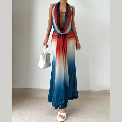 Cowl neck halter gradient backless maxi skirt set  | Festival Outfits Women