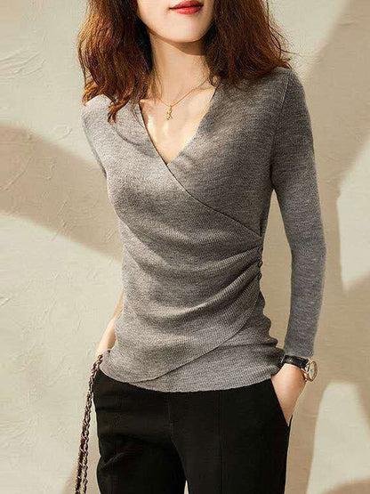 Jocelyn Casual V-Neck Solid Color Knitted Top-Black