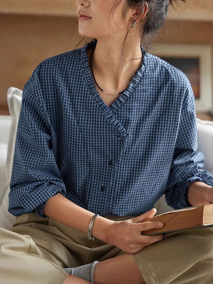 Madison Vintage V-Neck Ruffle Plaid Shirt