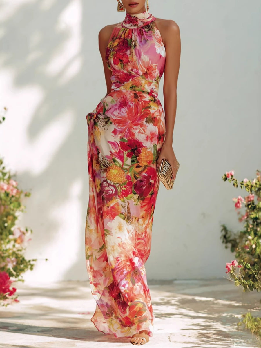 Halter Floral Waist Vacation Maxi Dresses