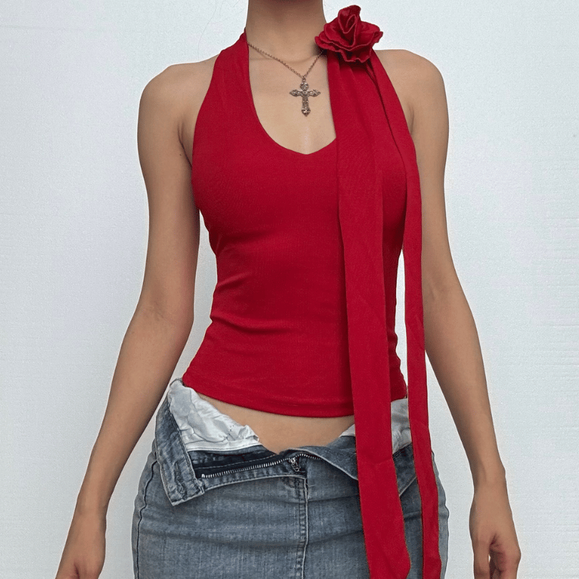 Halter backless flower applique solid top  | Festival Outfits Women