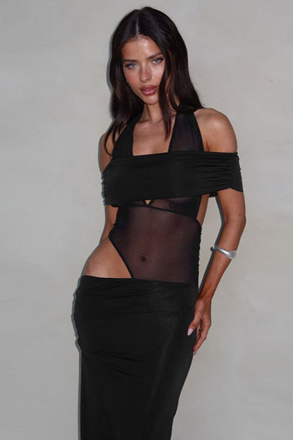 Trendy Off-Shoulder Color Block Bodycon Maxi Dress