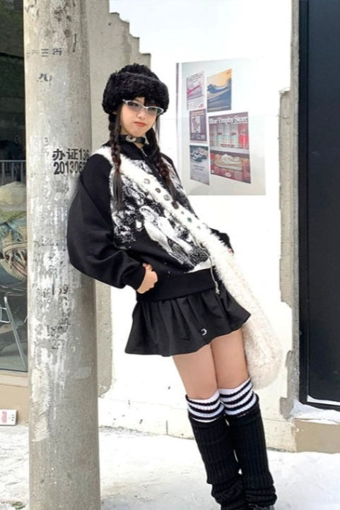 Panther Print Retro Hooded Knit Top