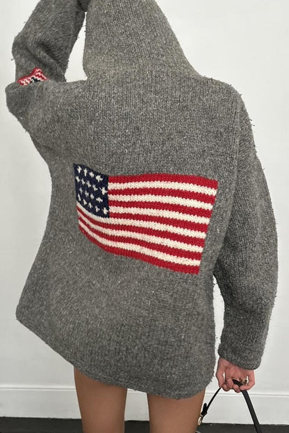 Chic Flag Graphic Knit Zippered Hoodie