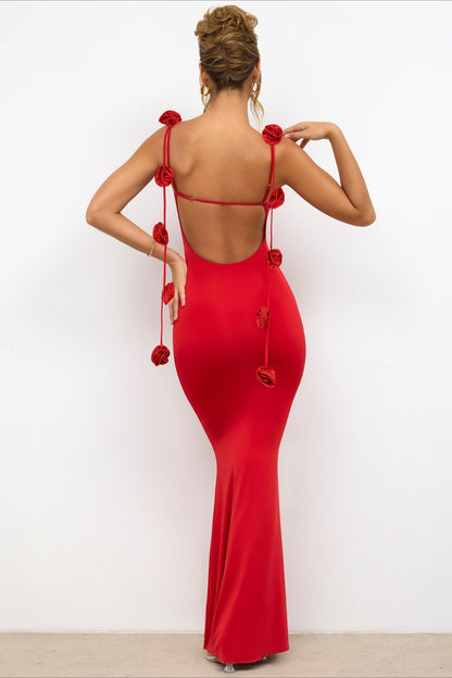 Backless Spaghetti Strap 3D Floral Long Party Dress