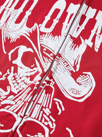 Red Vintage Print Zip Up Oversized Hoodie